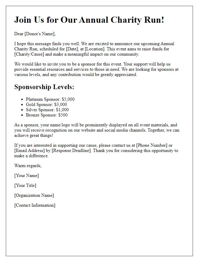 Letter template of charity run sponsorship appeal.