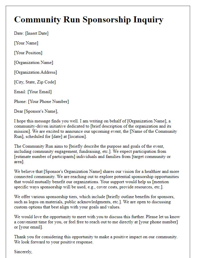 Letter template of community run sponsorship inquiry.