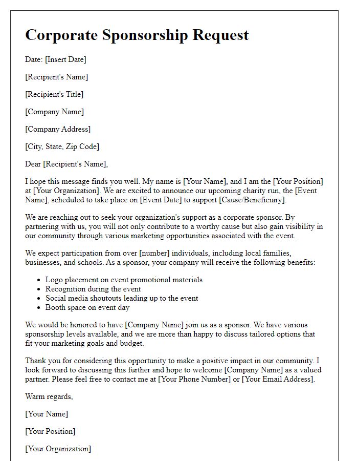 Letter template of corporate sponsorship request for charity run.