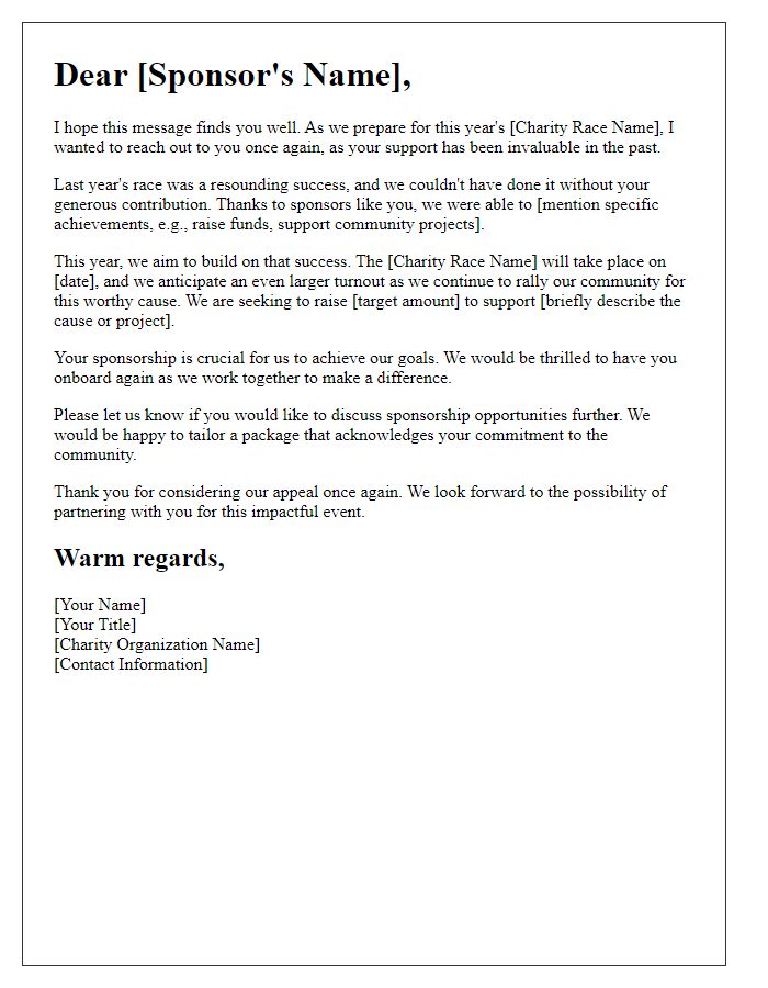 Letter template of repeat sponsor appeal for charity race initiative.