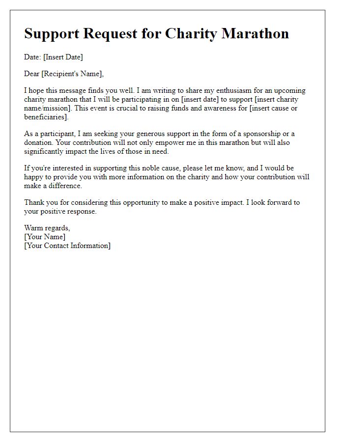 Letter template of support request for charity marathon.