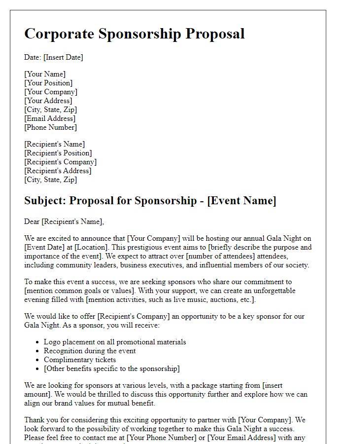 Letter template of corporate sponsorship proposal for gala night