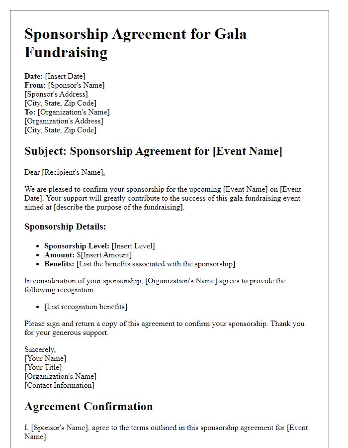 Letter template of sponsorship agreement for gala fundraising