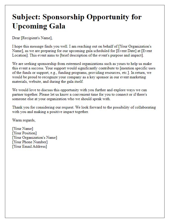 Letter template of sponsorship inquiry for upcoming gala