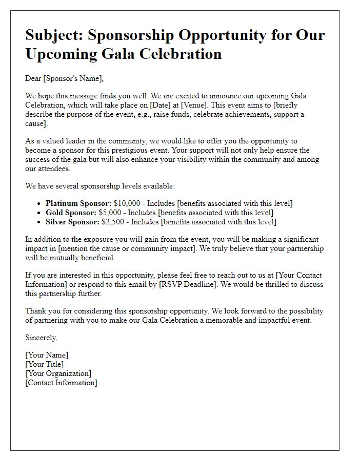 Letter template of sponsorship offer for gala celebration