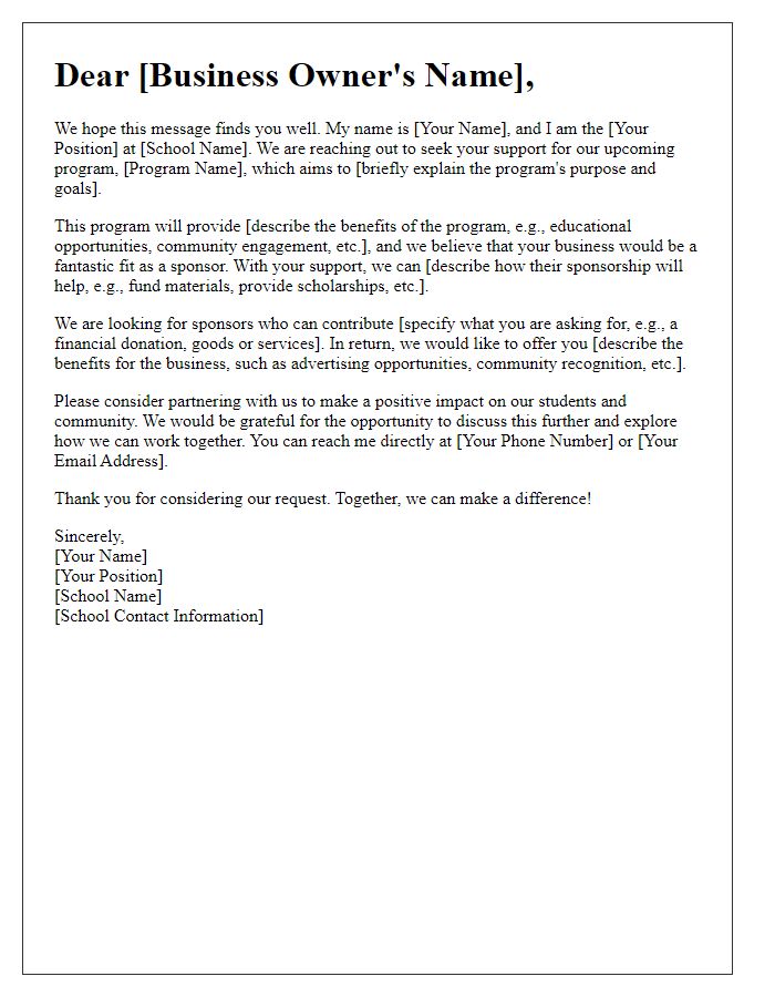 Letter template of local business sponsorship appeal for school program.