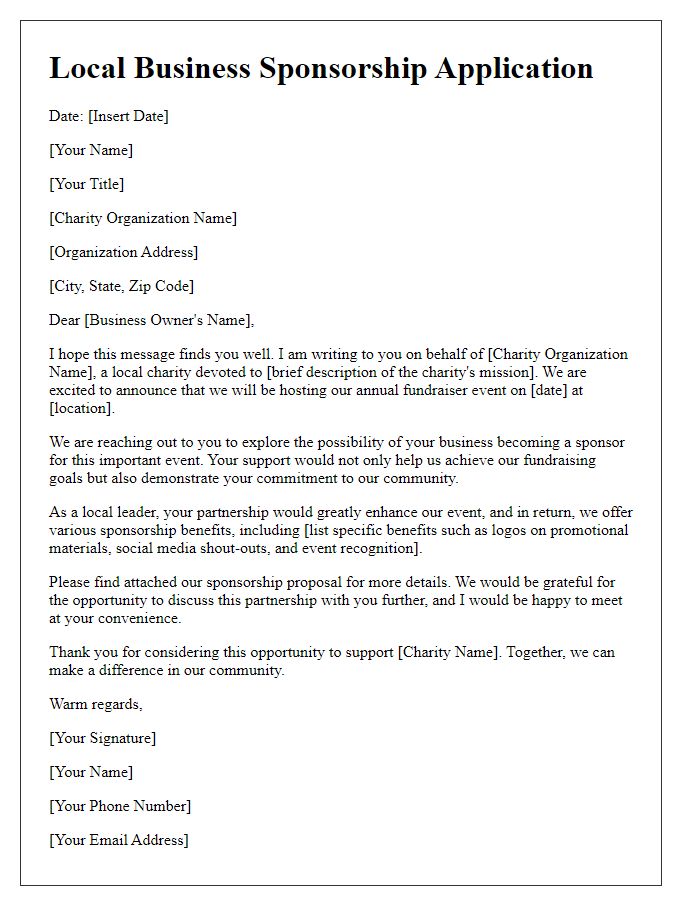 Letter template of local business sponsorship application for charity fundraiser.