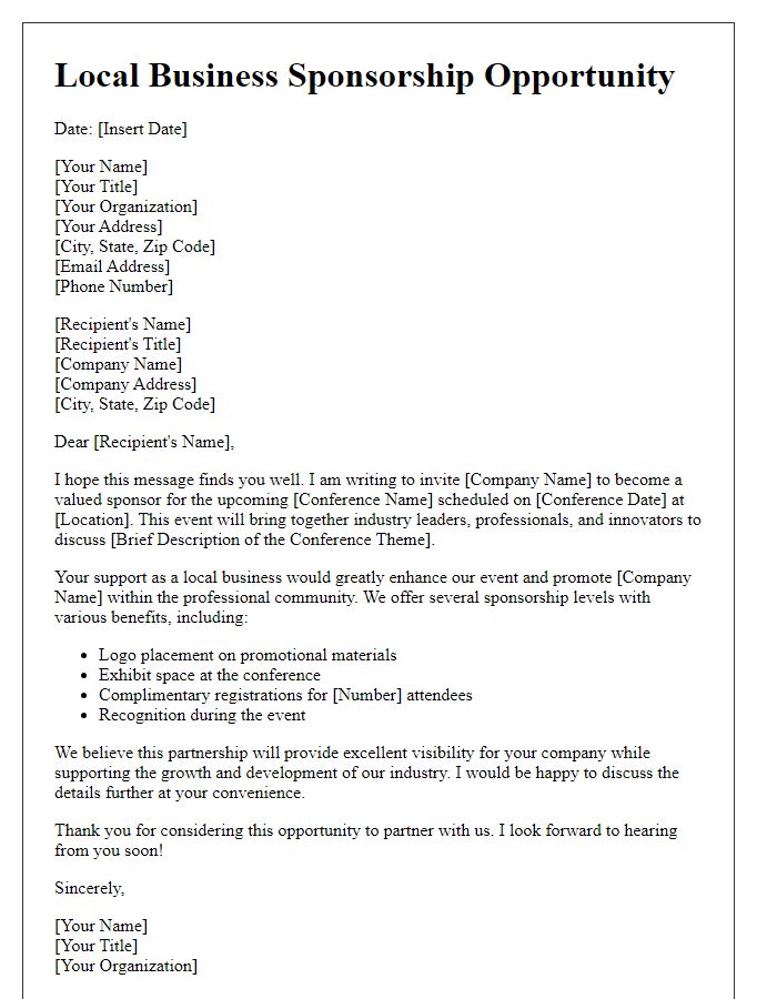 Letter template of local business sponsorship communication for professional conference.