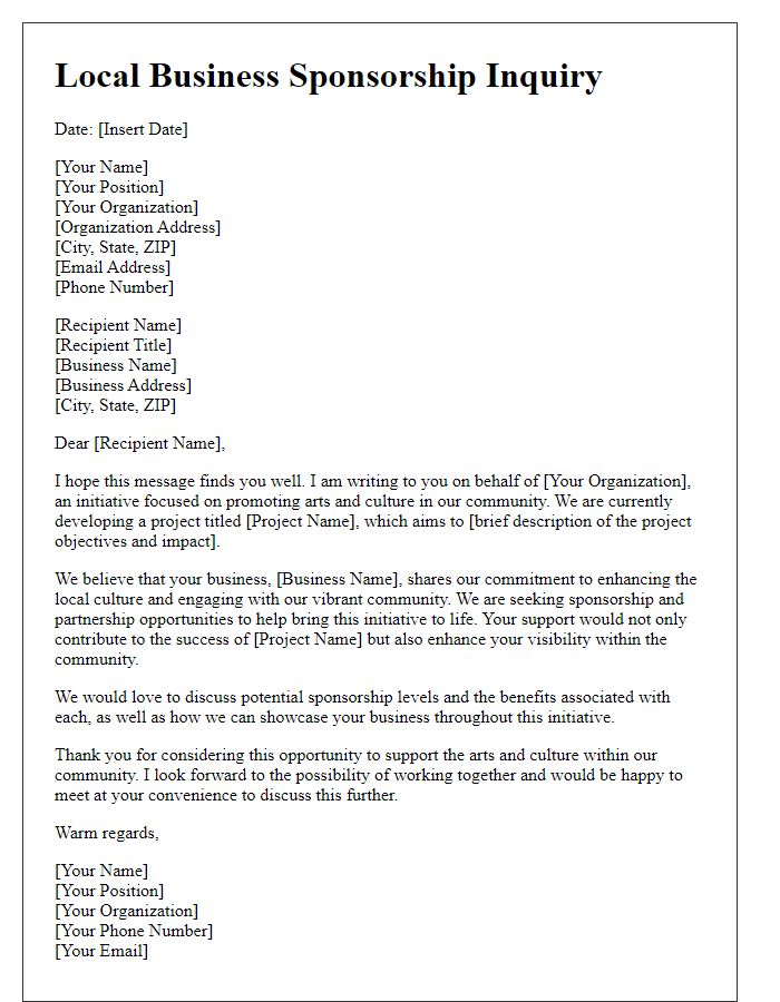 Letter template of local business sponsorship inquiry for arts and culture initiative.