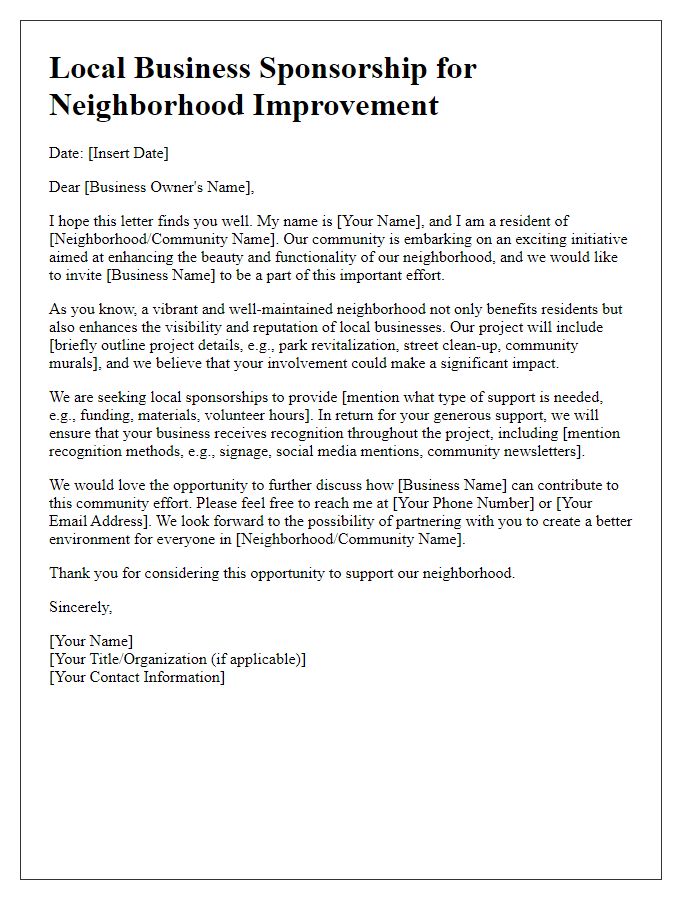 Letter template of local business sponsorship outreach for neighborhood improvement effort.