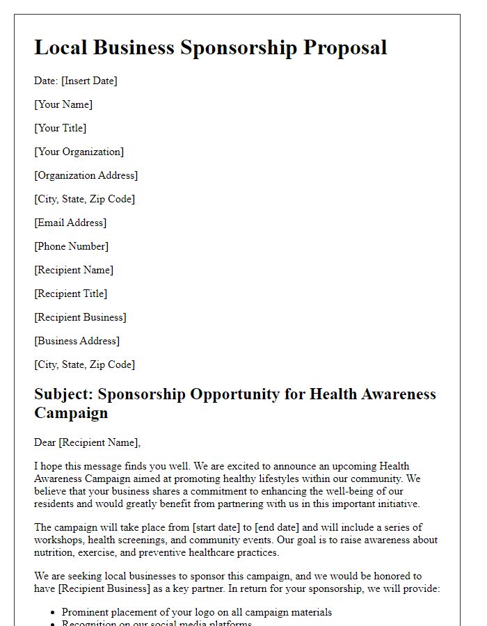 Letter template of local business sponsorship proposal for health awareness campaign.