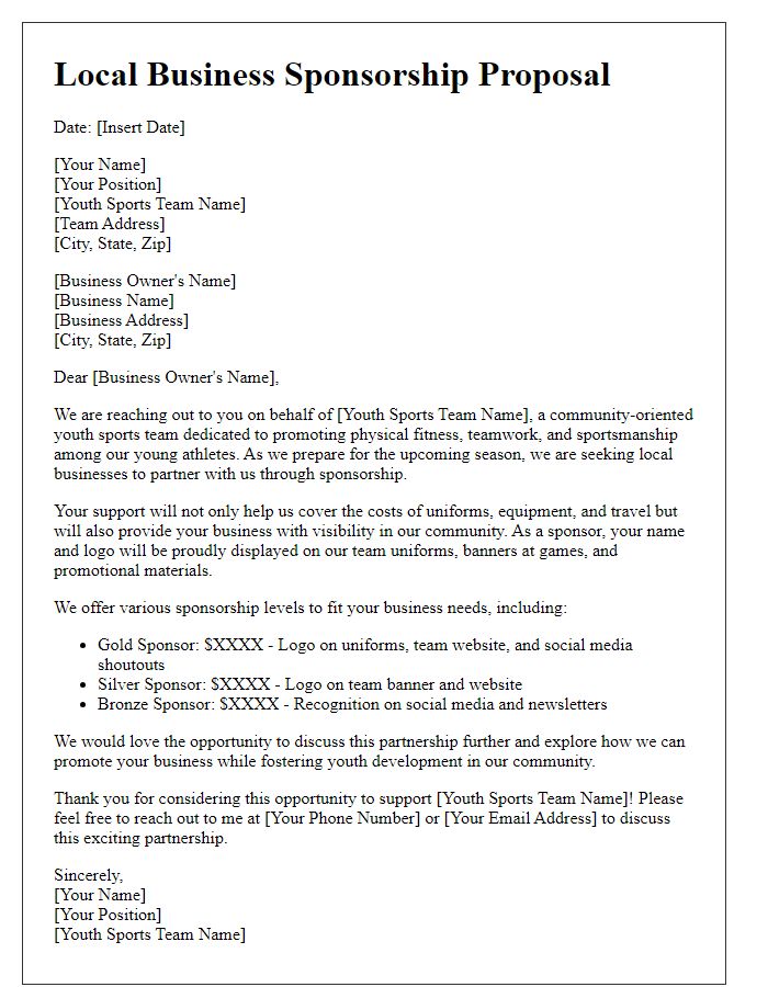 Letter template of local business sponsorship proposal for youth sports team.