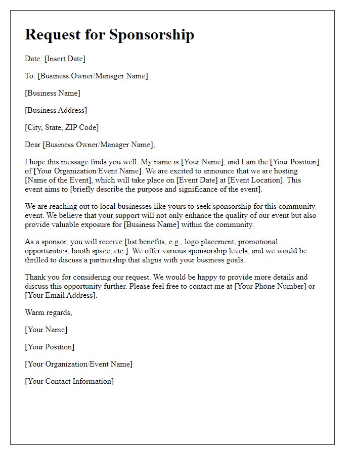 Letter template of local business sponsorship request for community event.