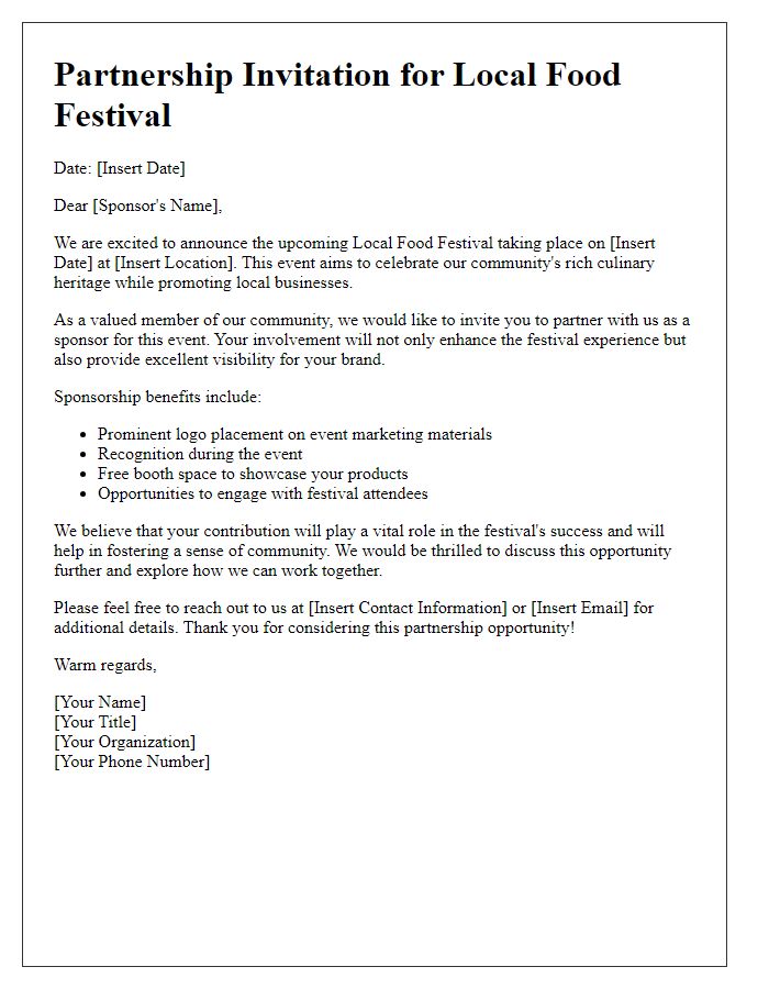 Letter template of partnership invitation for local food festival sponsors.