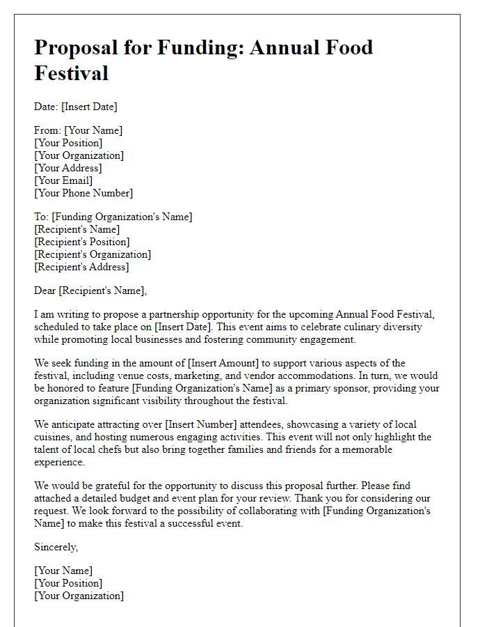 Letter template of proposal for food festival funding opportunity.