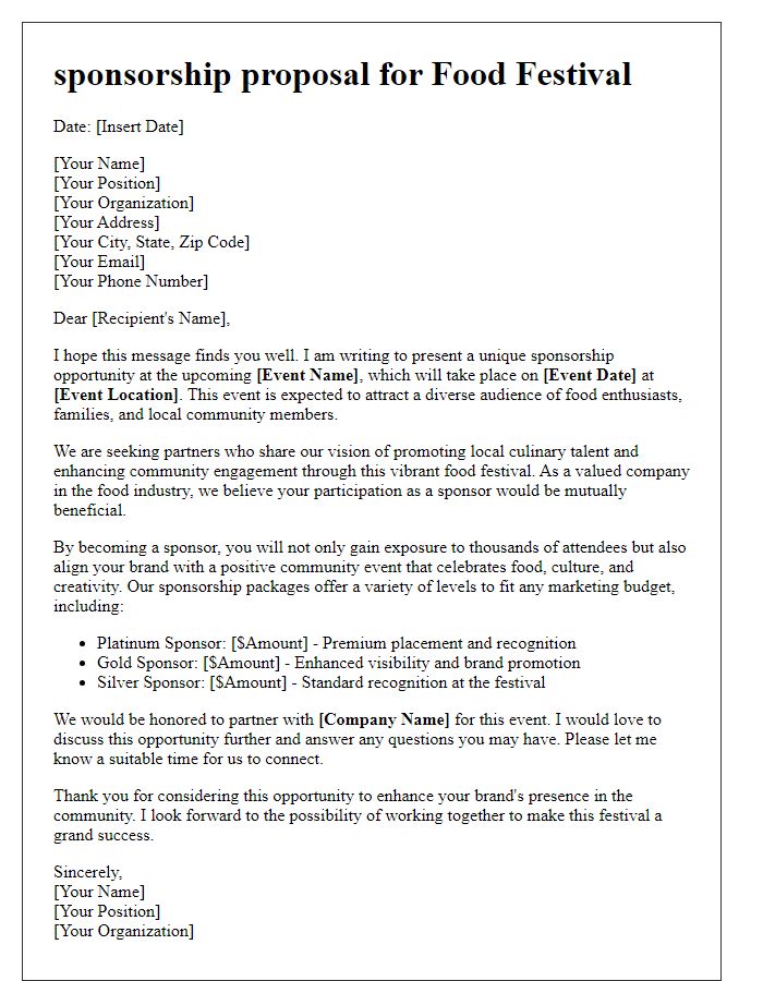 Letter template of sponsorship proposal for food festival participation.