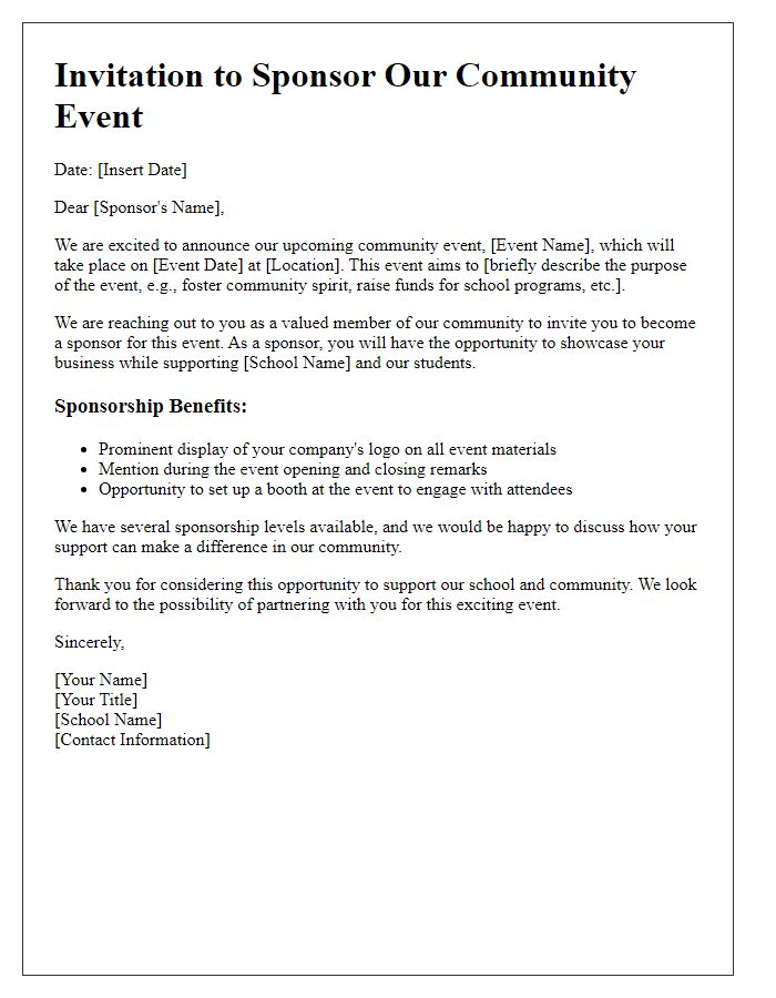 Letter template of community event sponsorship invitation for schools