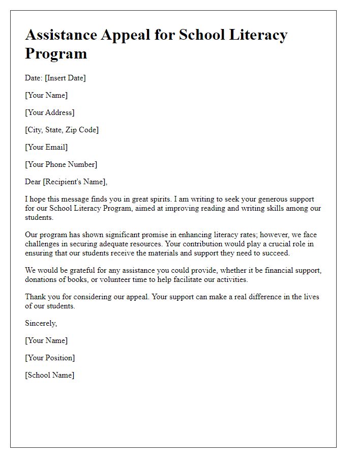 Letter template of assistance appeal for school literacy program