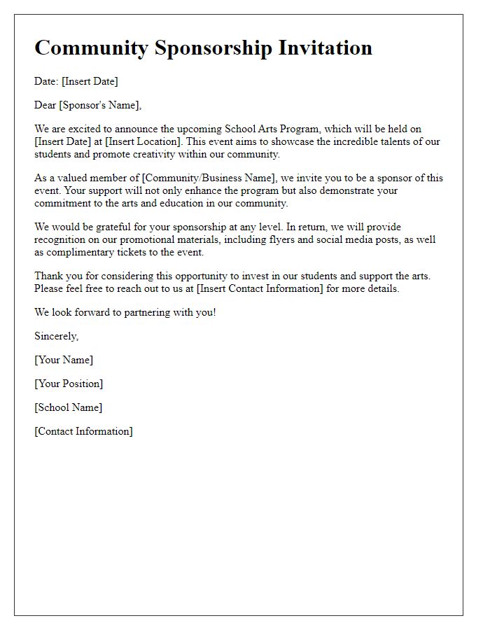 Letter template of community sponsorship invitation for school arts program