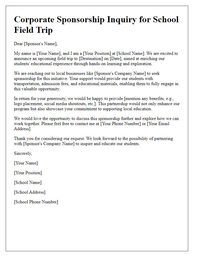 Letter template of corporate sponsorship inquiry for school field trip