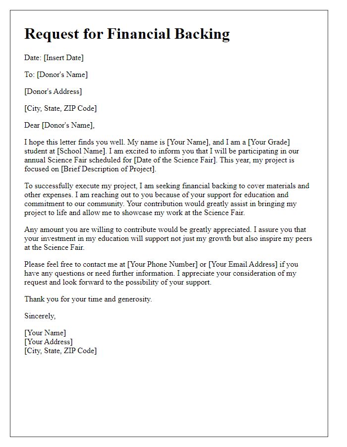 Letter template of financial backing request for school science fair