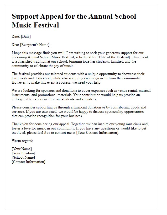 Letter template of support appeal for school music festival