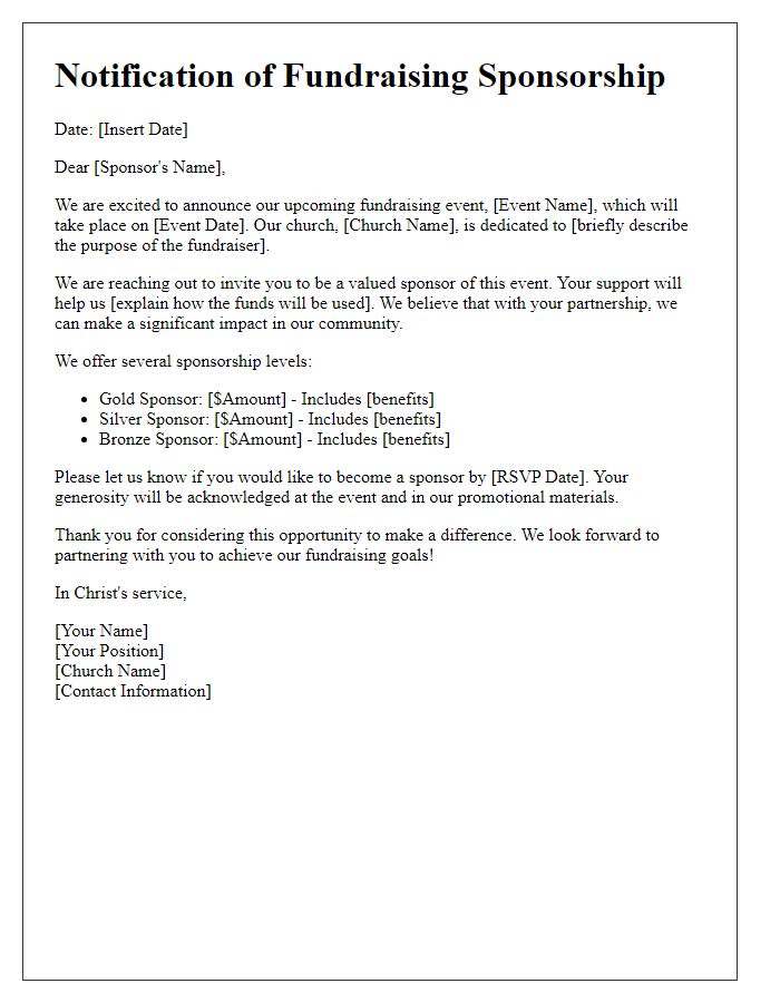 Letter template of notification for church fundraising sponsorship