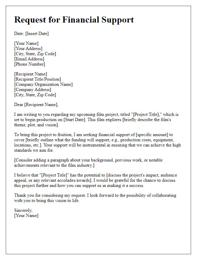 Letter template of film project financial support request