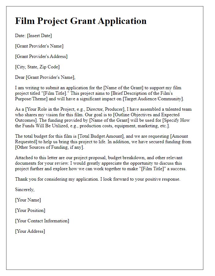 Letter template of film project grant application