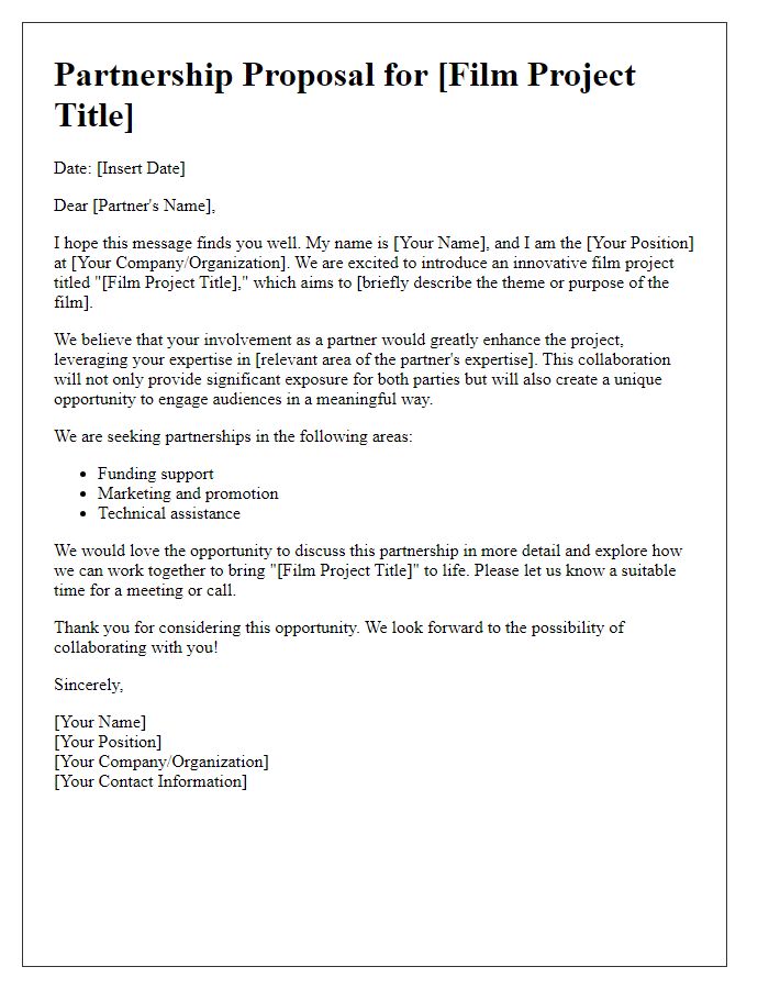 Letter template of film project partnership appeal