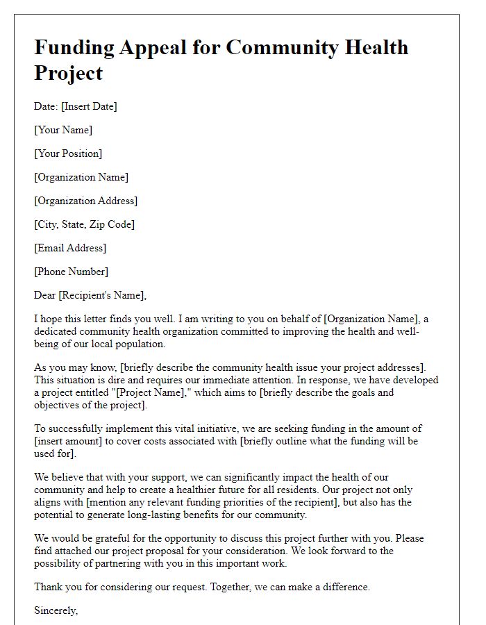 Letter template of community health project funding appeal