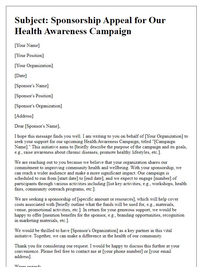 Letter template of health awareness campaign sponsorship appeal