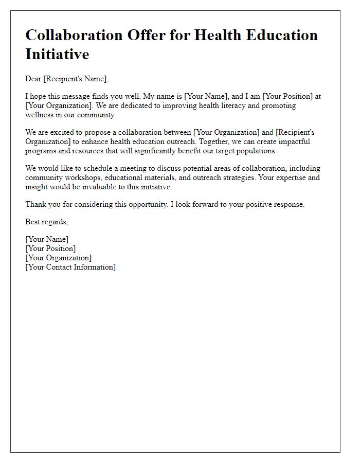 Letter template of health education initiative collaboration offer