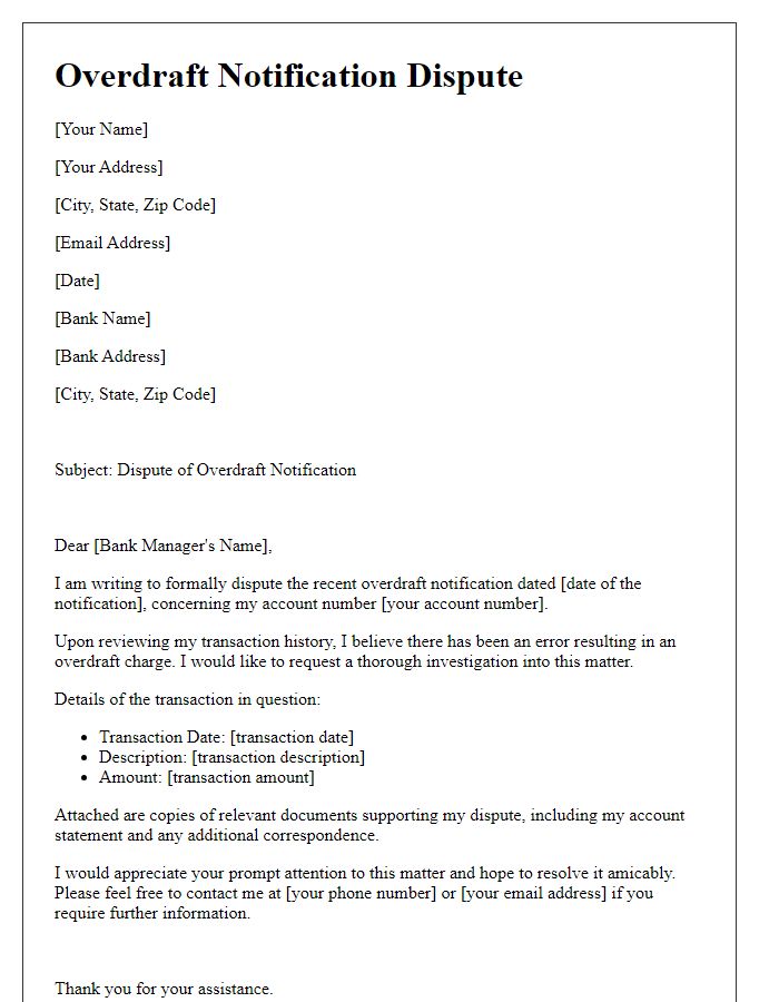 Letter template of overdraft notification dispute