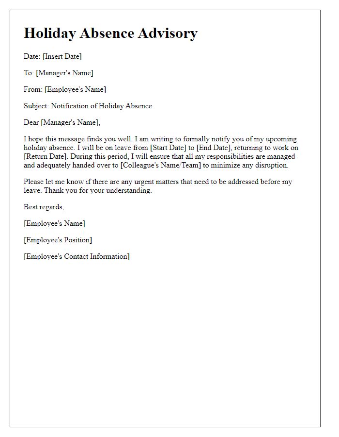 Letter template of employee holiday absence advisory