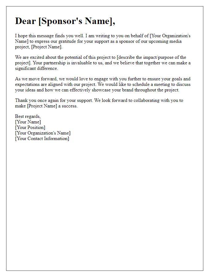 Letter template of communication for media project sponsor engagement.