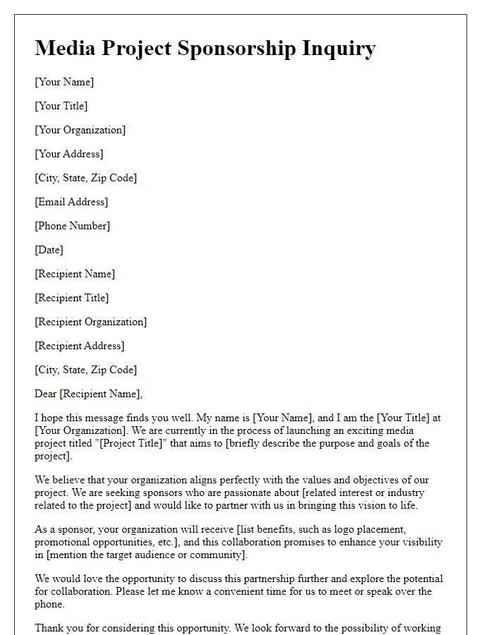 Letter template of media project sponsorship inquiry.