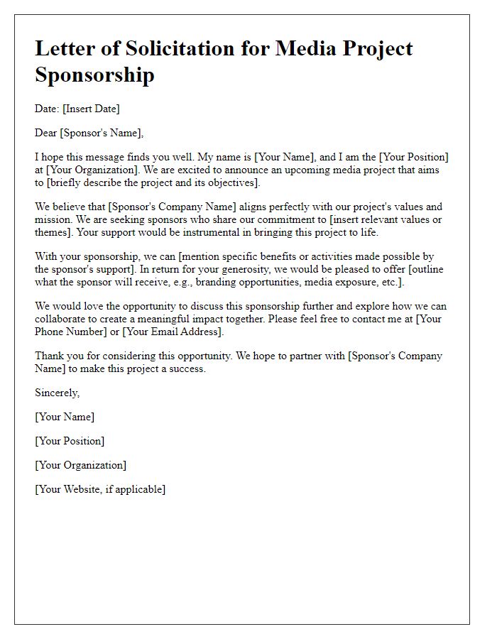 Letter template of solicitation for media project sponsorship opportunity.