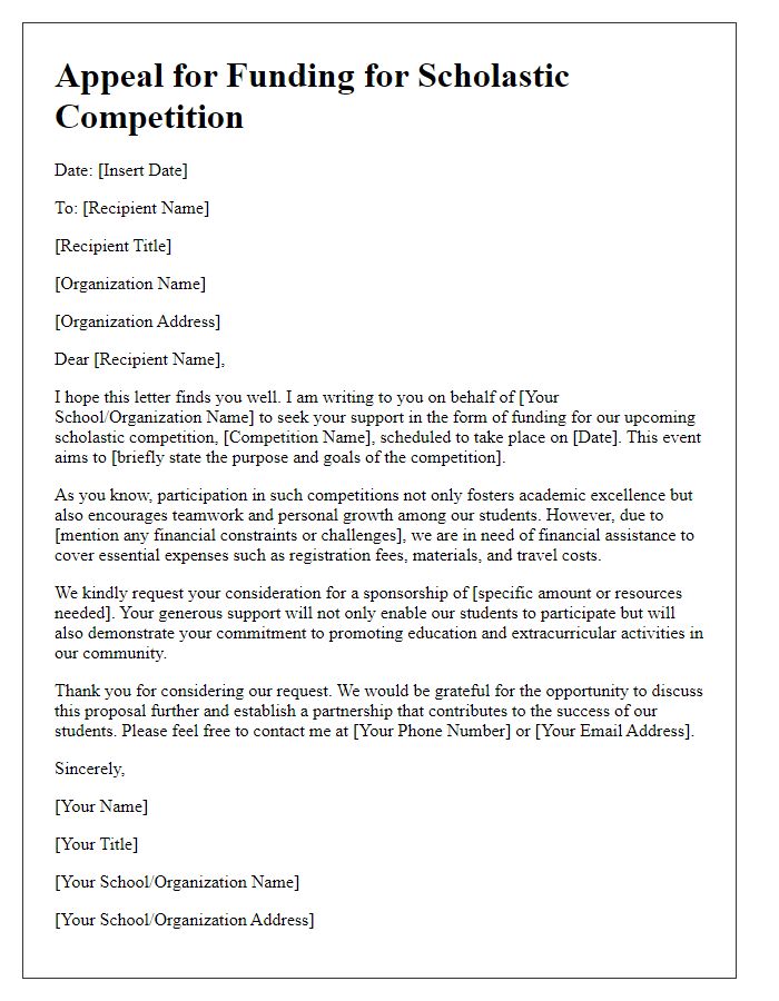 Letter template of appeal for funding for scholastic competition