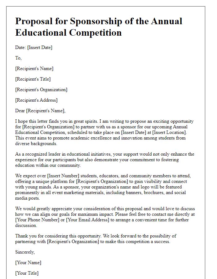 Letter template of proposal for backing educational competition