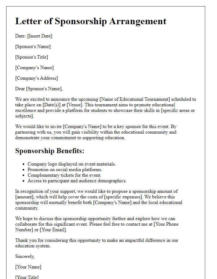 Letter template of sponsorship arrangement for educational tournament