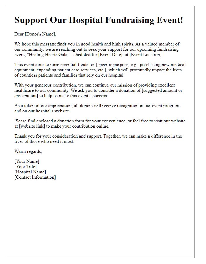 Letter template of Donation Solicitation for Hospital Fundraising Event