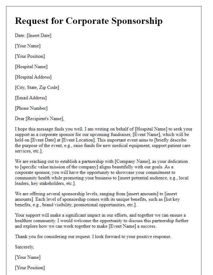 Letter template of Request for Corporate Sponsorship for Hospital Fundraiser