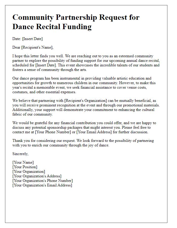 Letter template of Community Partnership for Dance Recital Funding