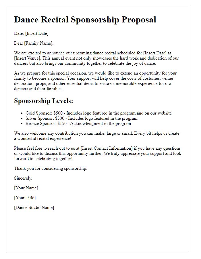 Letter template of Dance Recital Sponsorship Proposal for Families