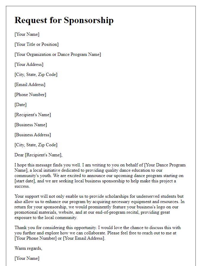 Letter template of Request for Local Business Sponsorship for Dance Program