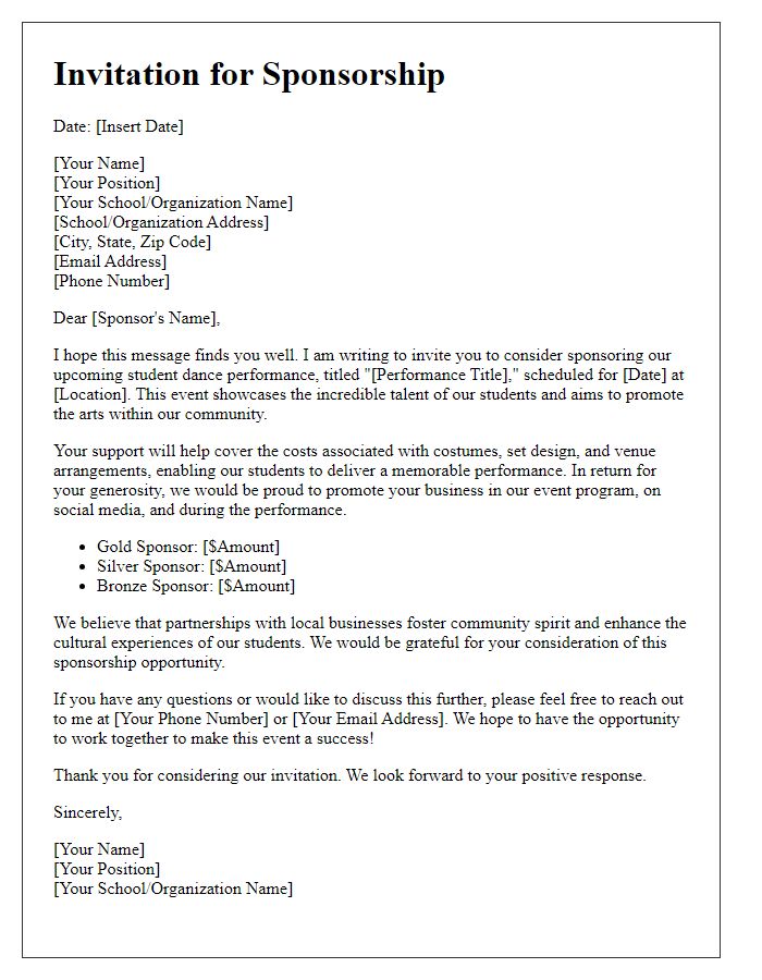 Letter template of Sponsorship Invitation for Student Dance Performance