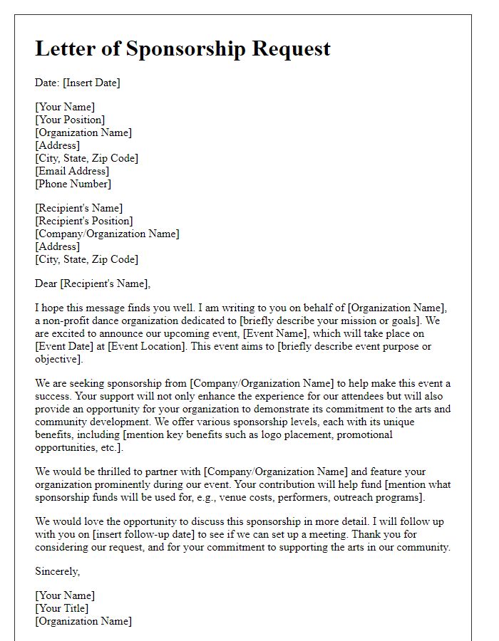 Letter template of Sponsorship Request for Non-Profit Dance Organization Event