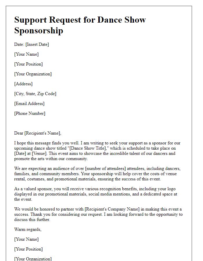 Letter template of Support Request for Dance Show Sponsorship