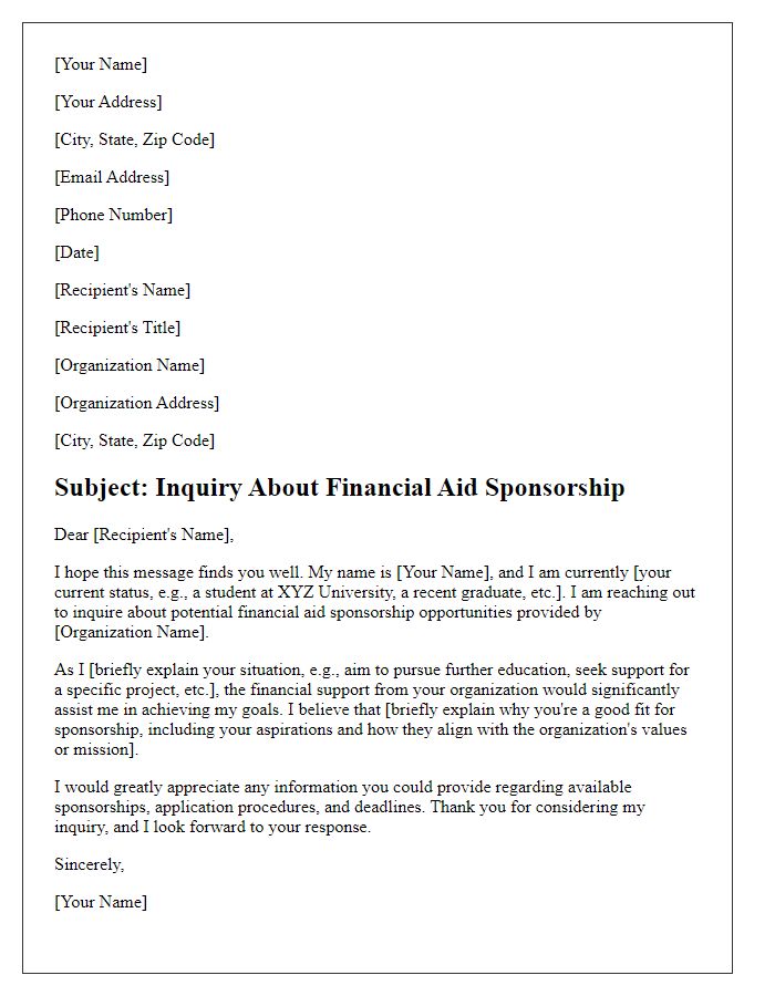 Letter template of financial aid sponsorship inquiry